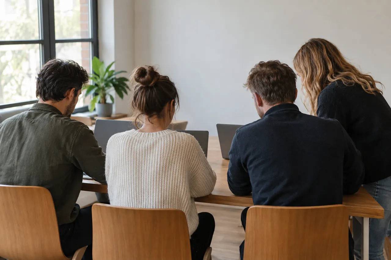 Illustrative small team learning together on laptops in an office