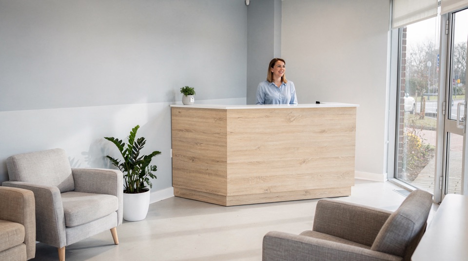 The bright reception and waiting area of the practice.
