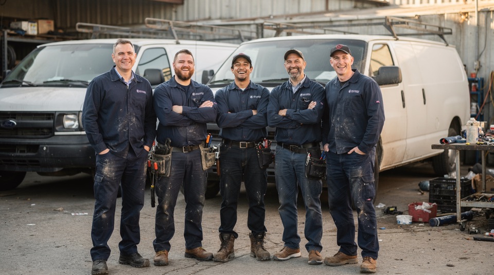 The Ironclad Comfort Co. crew standing in front of two service vans.