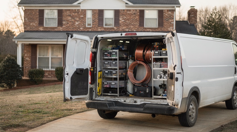 A stocked service van with tools, copper line sets and parts bins.