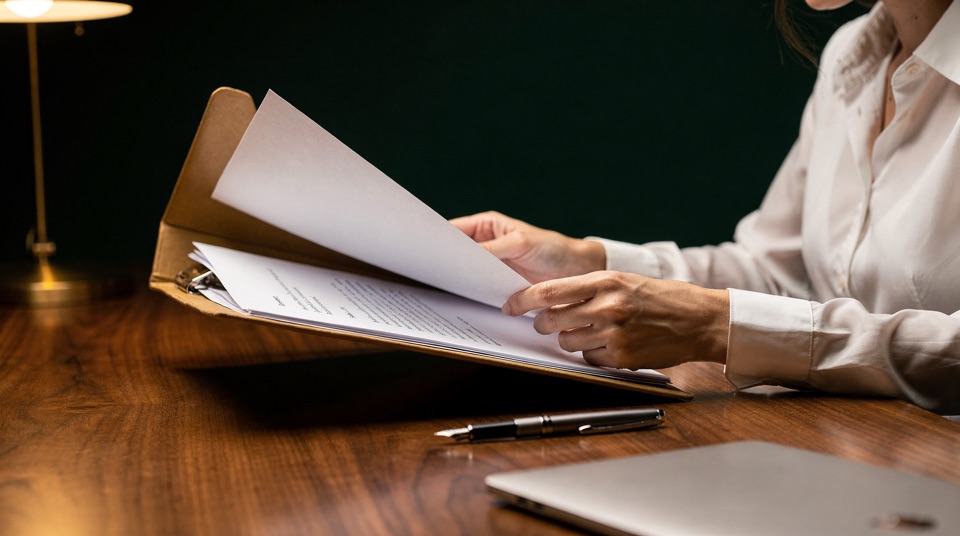 An attorney reviewing a client case file at a walnut desk under a brass lamp.