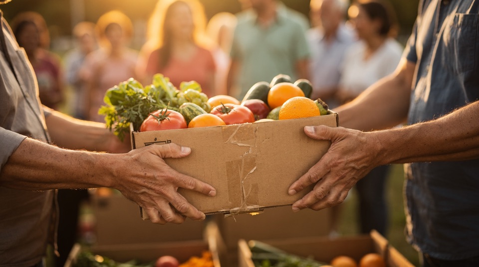 Volunteers handing a box of fresh produce to a neighbor at a food drive.