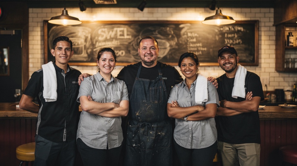 The Millhouse Kitchen & Counter crew in front of the counter and menu board.