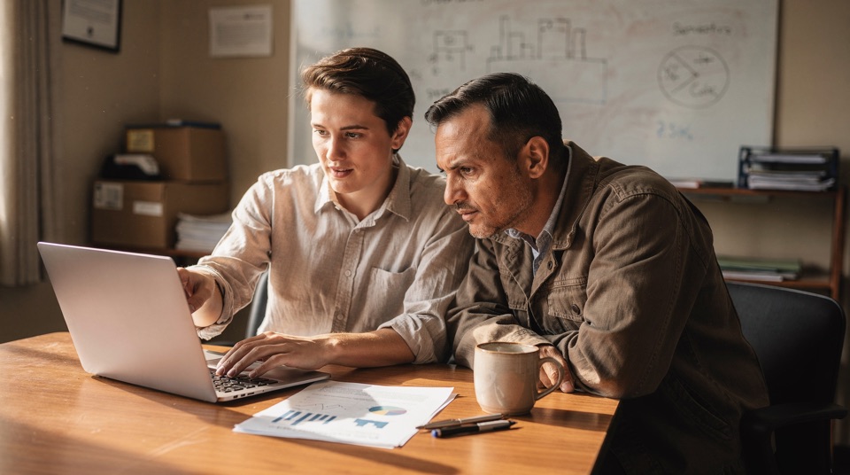 Two people at a laptop working through a process together, printed notes on the table.